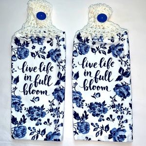 Hand Crafted Crochet Top Blue Floral Hanging Kitchen or Bathroom Hand Towel